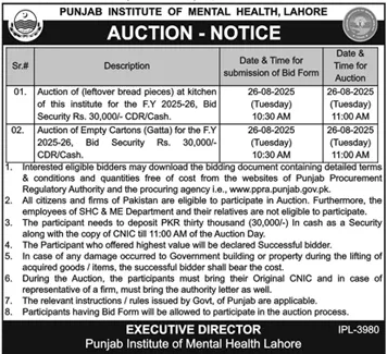 Punjab Institute of Mental Health Lahore Tender Notice